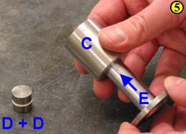 5a. Place E into C so that the smoothest side is up (i.e., inserted into C) and raise E inside the barrel so that it is flush with the top surface of C.