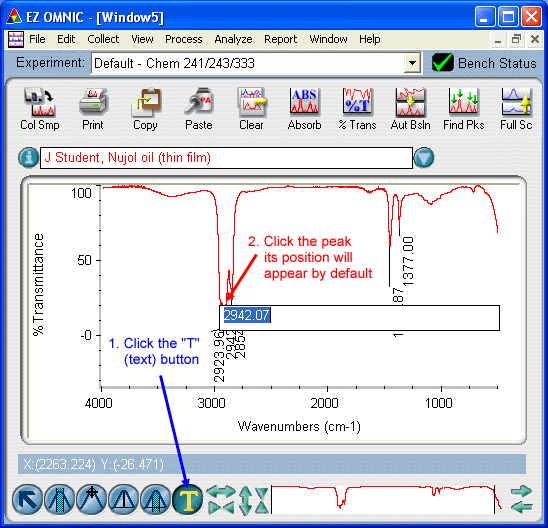 1. Click the T (text) button; 2. Click the peak to be marked