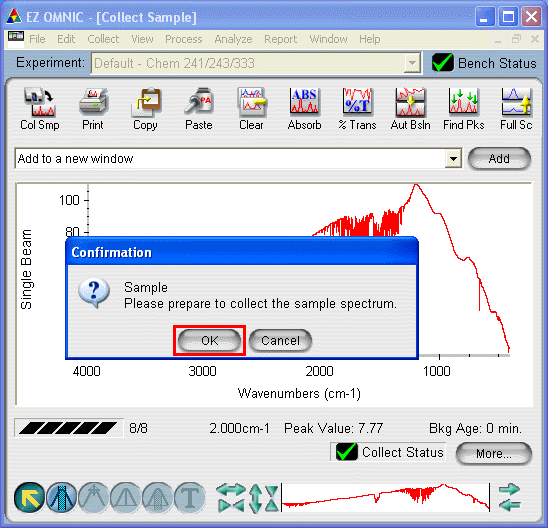 The screen display prompting you to place your sample in the spectrometer compartment